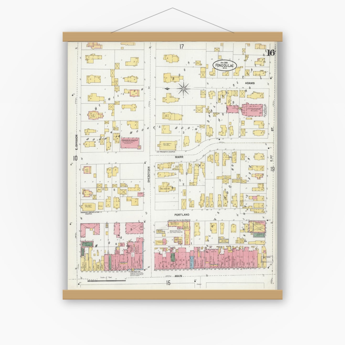Old map wall art mockup — magnetic wood frame on white wall — Sanborn Fire Insurance Map from Fond du Lac, Fond du Lac County, Wisconsin (1902), Sheet #0016