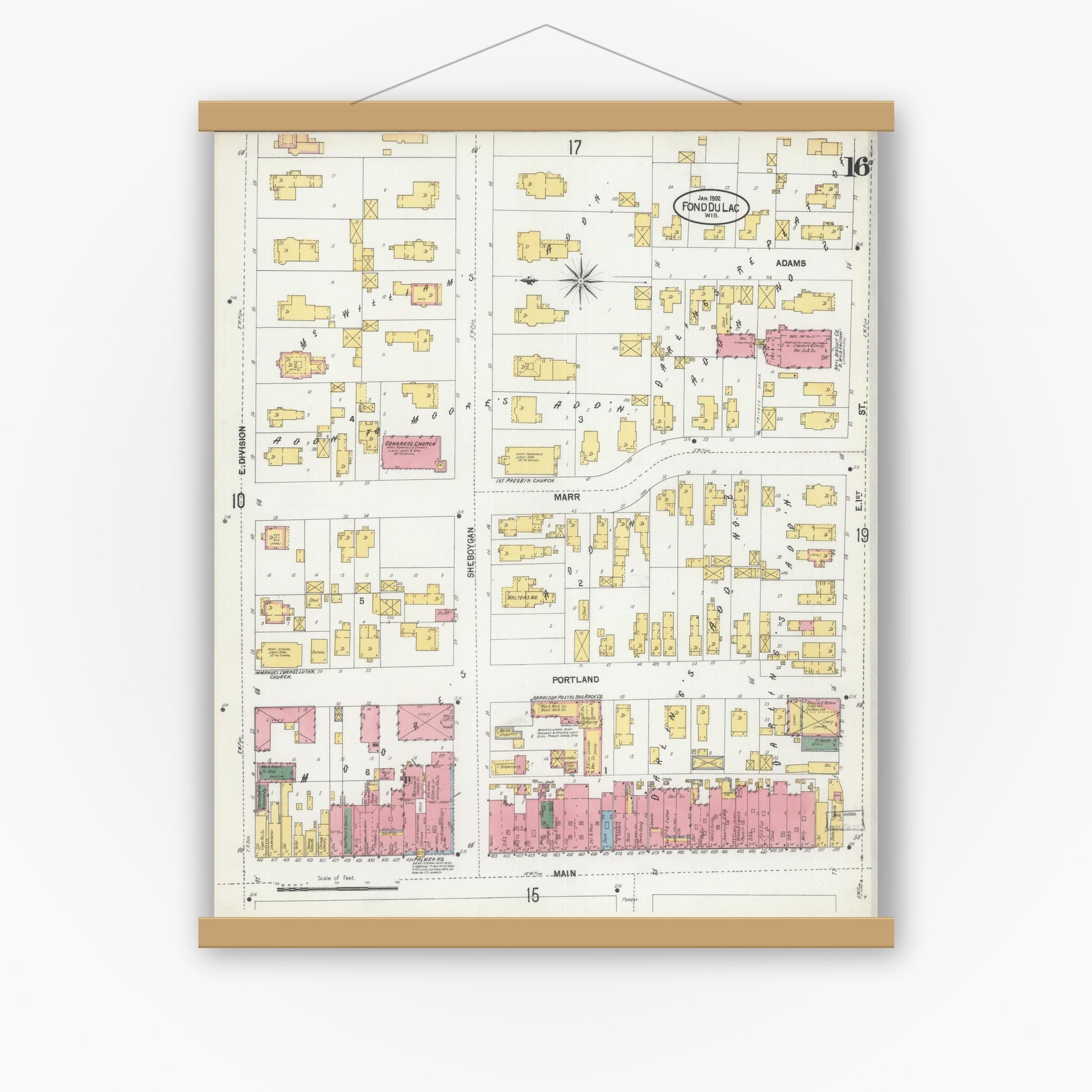 Old map wall art mockup — magnetic wood frame on white wall — Sanborn Fire Insurance Map from Fond du Lac, Fond du Lac County, Wisconsin (1902), Sheet #0016