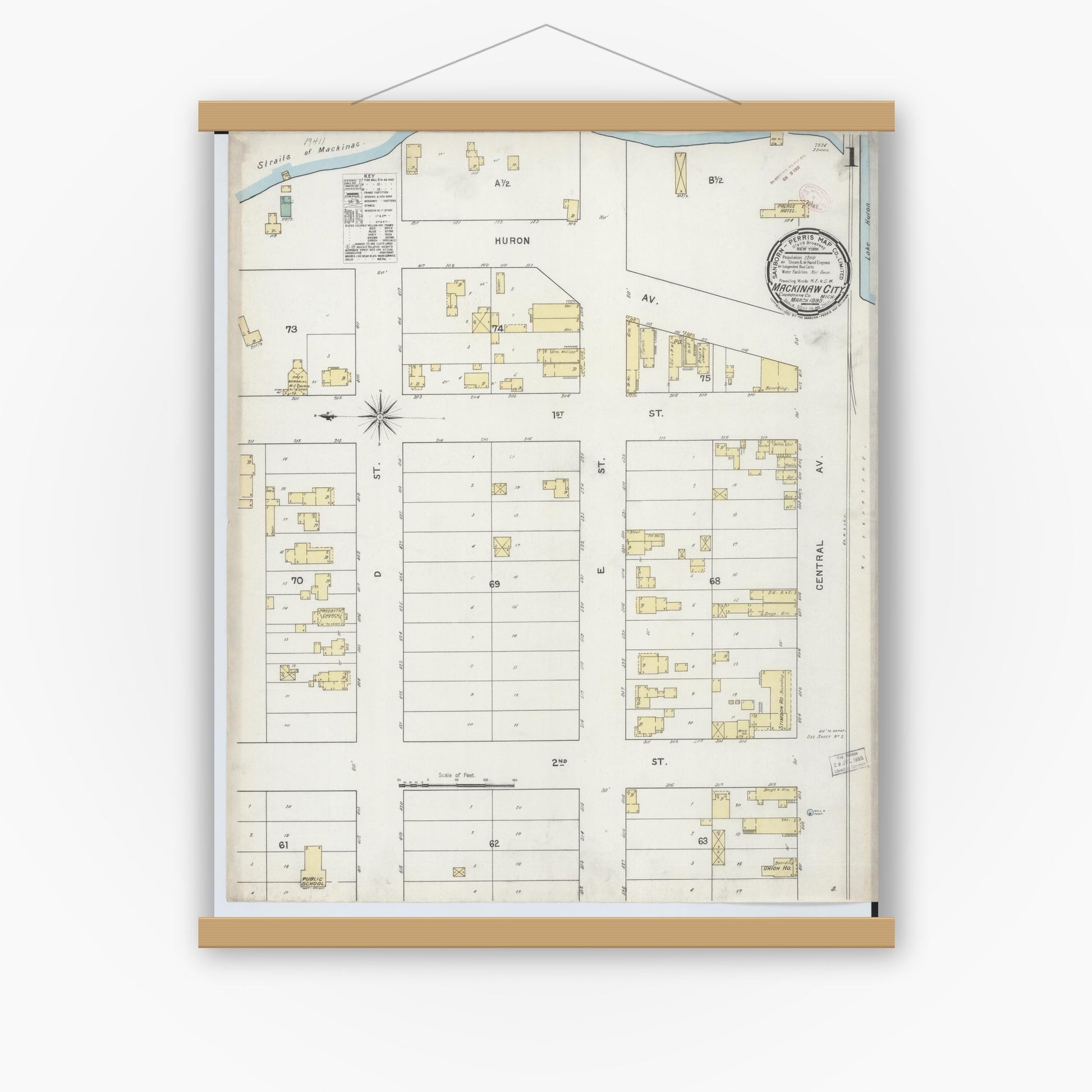 Old map wall art mockup — magnetic wood frame on white wall — Sanborn Fire Insurance Map from Mackinaw City, Cheboygan County, Michigan (1895) - Complete Map Set