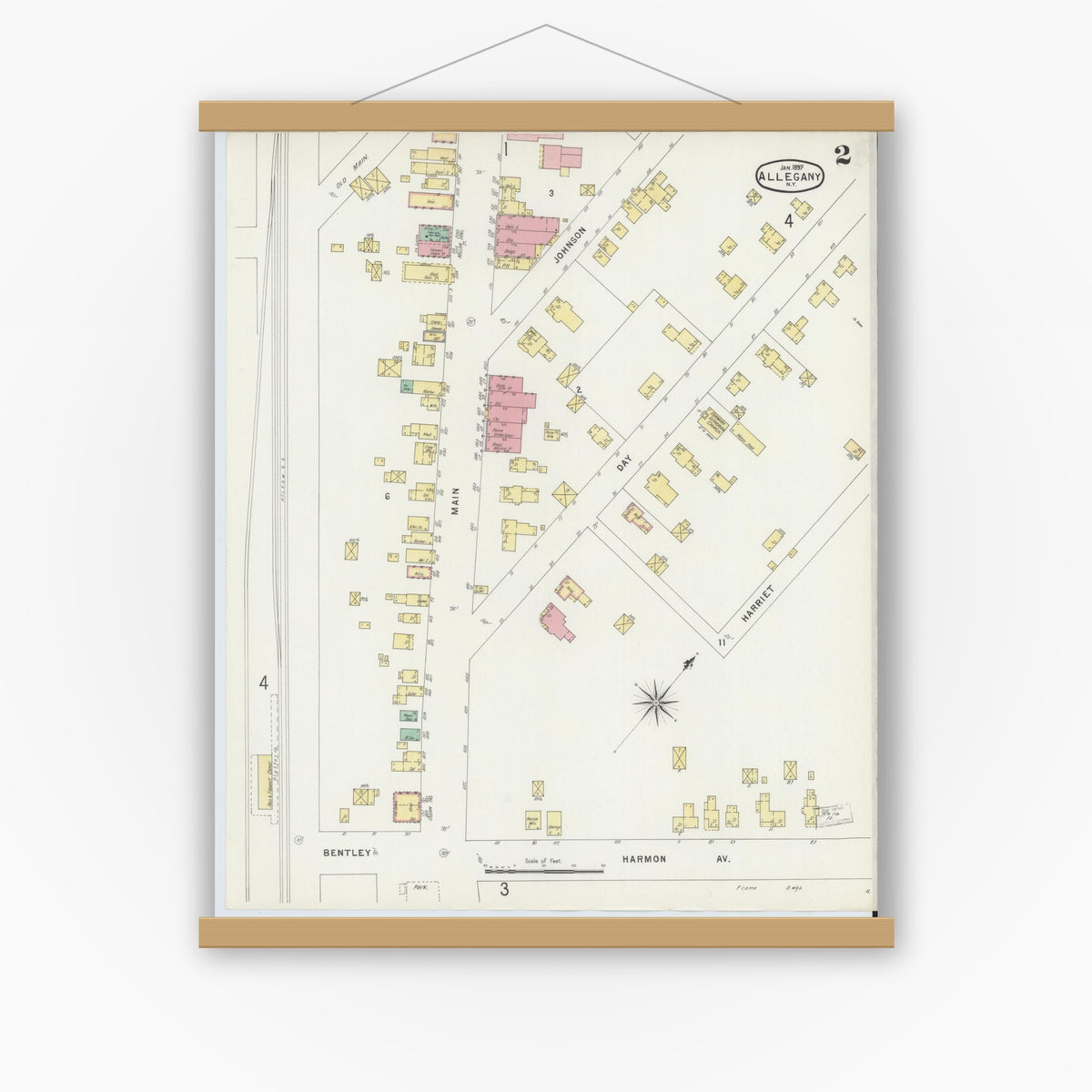 Old map wall art mockup — magnetic wood frame on white wall — Sanborn Fire Insurance Map from Allegany, Cattaraugus County, New York (1897), Sheet #0002
