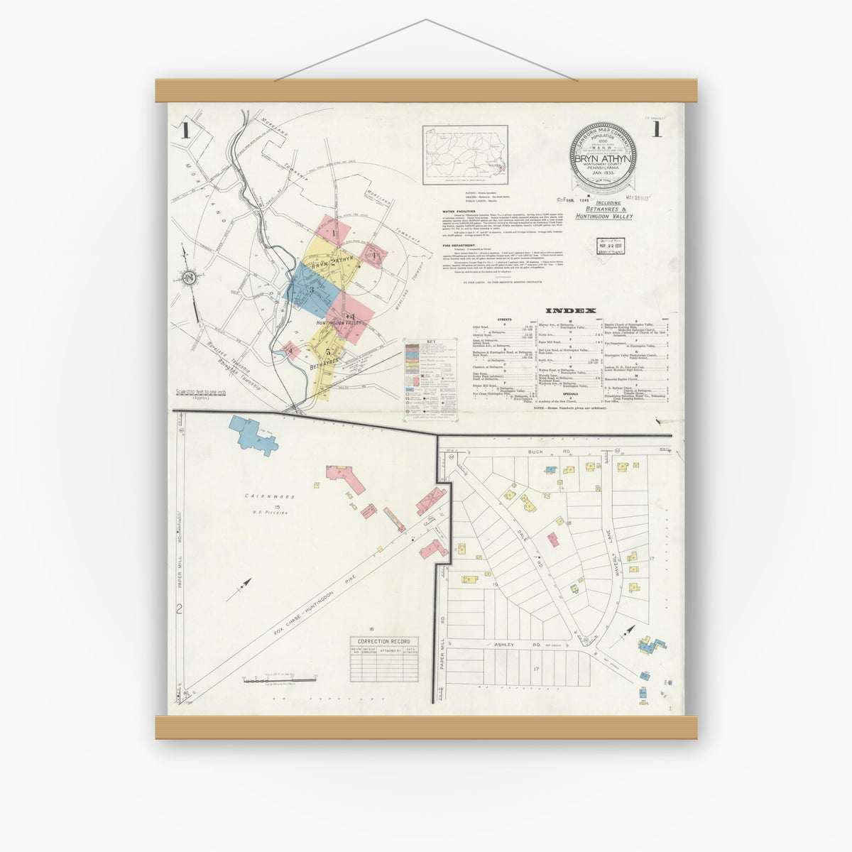 Old map wall art mockup — magnetic wood frame on white wall — Sanborn Fire Insurance Map from Bryn Athyn, Montgomery County, Pennsylvania (1933) - Complete Map Set