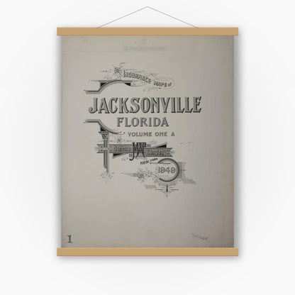 Old map wall art mockup — magnetic wood frame on white wall — Sanborn Fire Insurance Map from Jacksonville, Duval County, Florida (1949), Sheet #0001