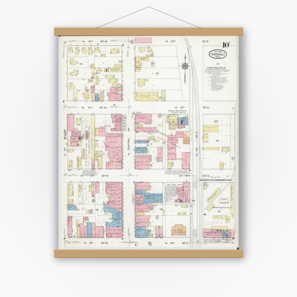 Old map wall art mockup — magnetic wood frame on white wall — Sanborn Fire Insurance Map from Faribault, Rice County, Minnesota (1914), Sheet #0010