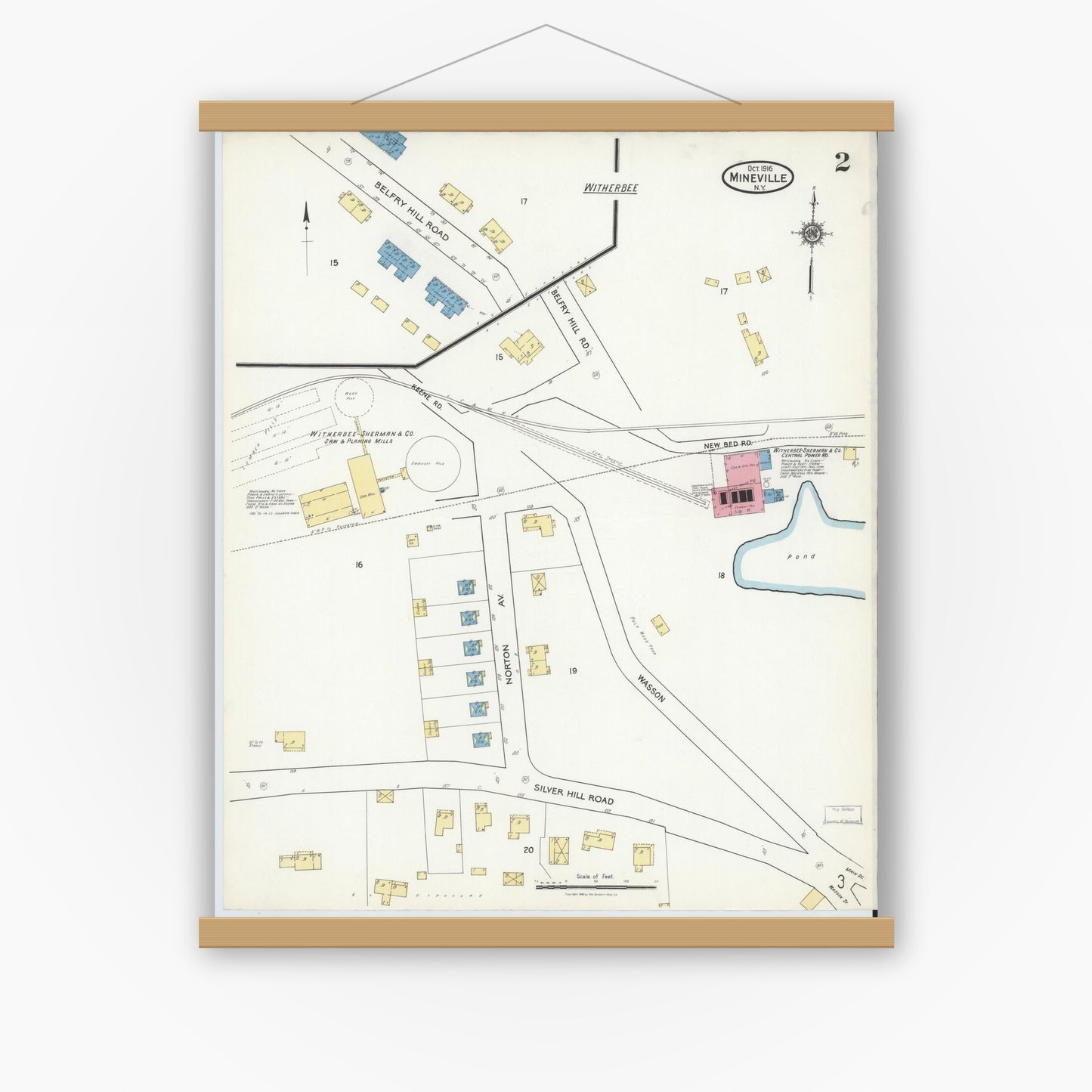 Old map wall art mockup — magnetic wood frame on white wall — Sanborn Fire Insurance Map from Mineville, Essex County, New York (1916), Sheet #0002
