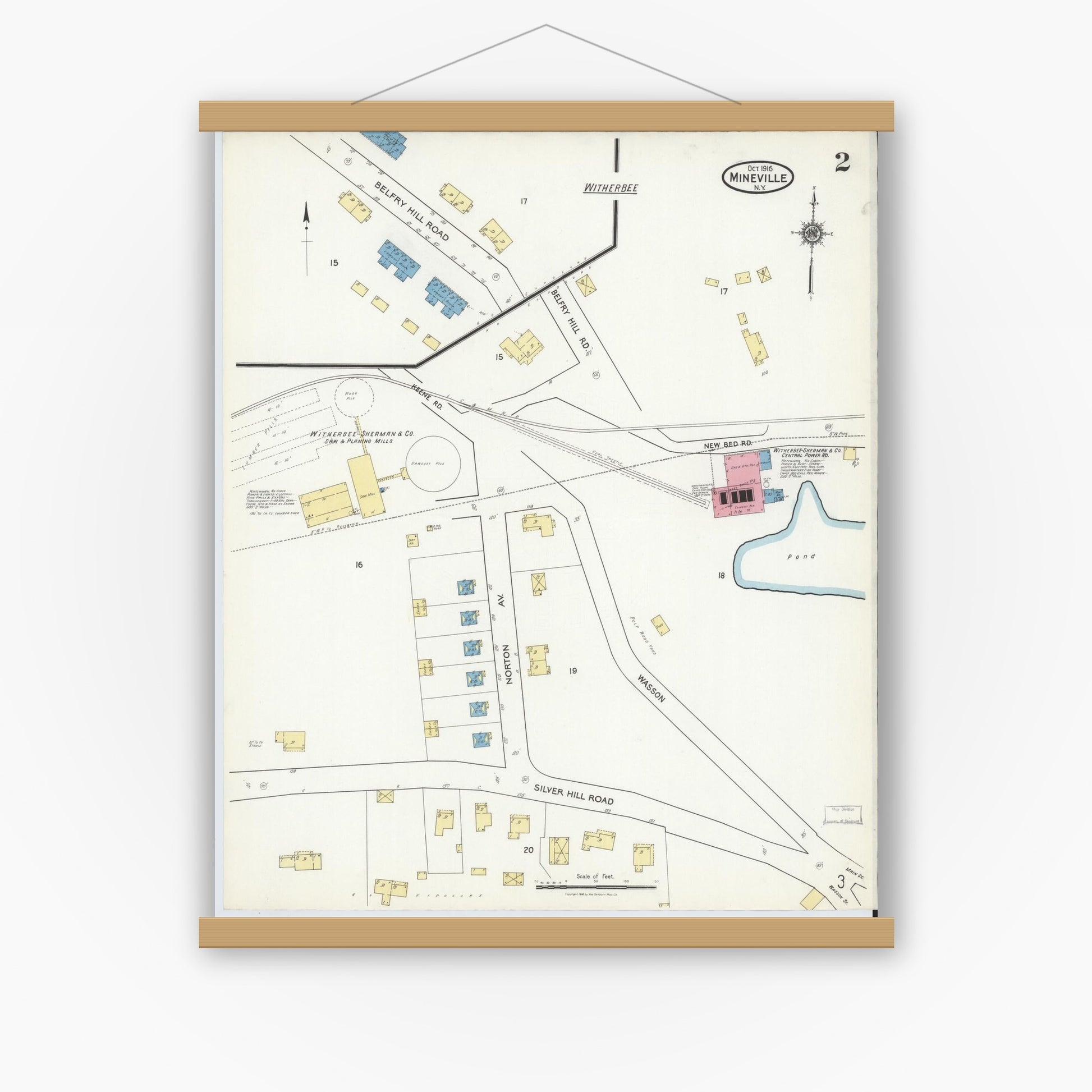 Old map wall art mockup — magnetic wood frame on white wall — Sanborn Fire Insurance Map from Mineville, Essex County, New York (1916), Sheet #0002