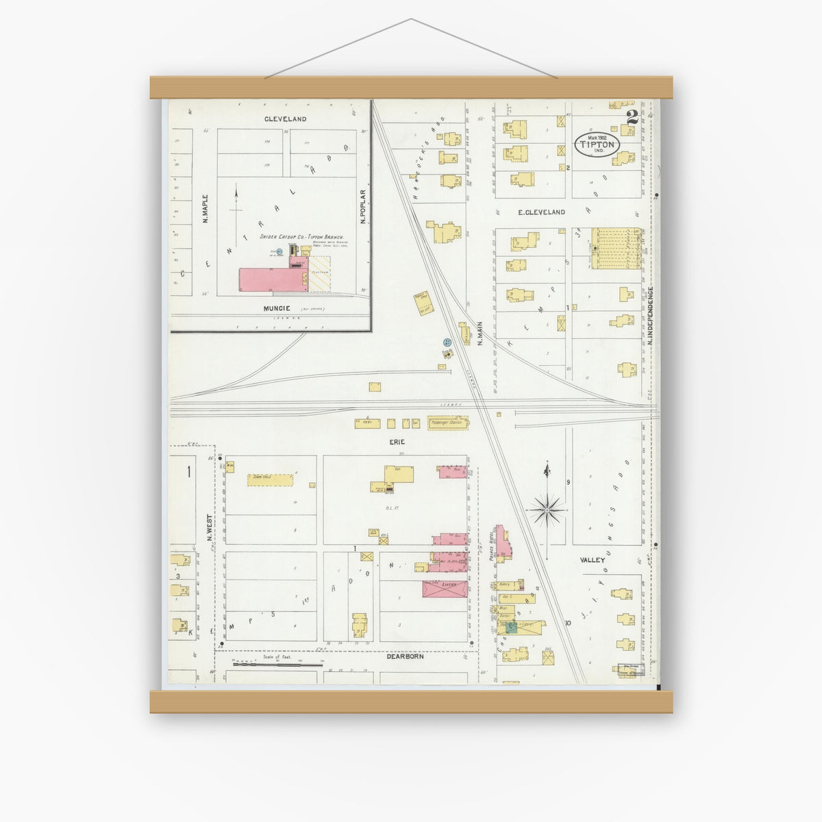 Old map wall art mockup — magnetic wood frame on white wall — Sanborn Fire Insurance Map from Tipton, Tipton County, Indiana (1902), Sheet #0002