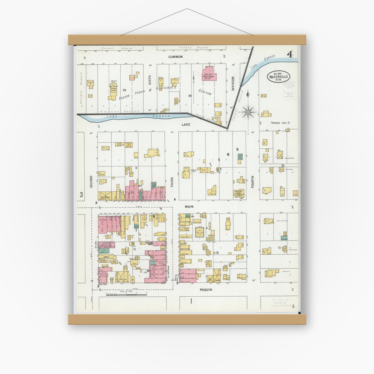 Old map wall art mockup — magnetic wood frame on white wall — Sanborn Fire Insurance Map from Waterville, Le Sueur County, Minnesota (1900), Sheet #0004