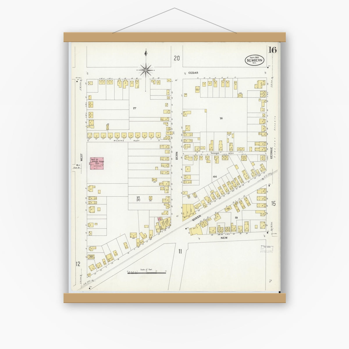 Old map wall art mockup — magnetic wood frame on white wall — Sanborn Fire Insurance Map from New Bern, Craven County, North Carolina (1908), Sheet #0016