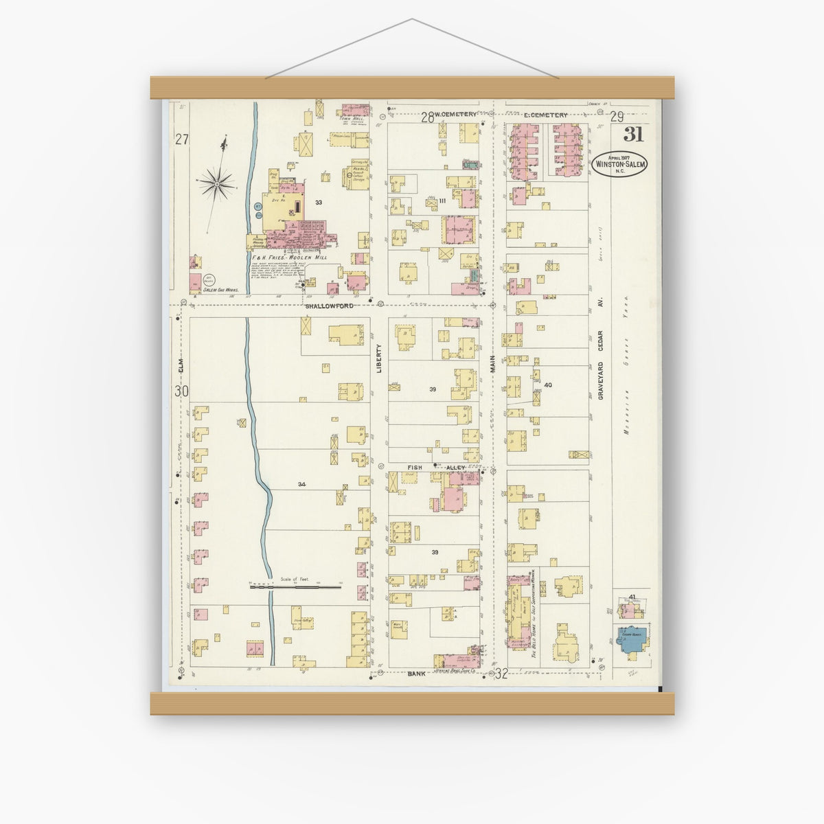 Old map wall art mockup — magnetic wood frame on white wall — Sanborn Fire Insurance Map from Winston-Salem, Forsyth County, North Carolina (1907), Sheet #0031