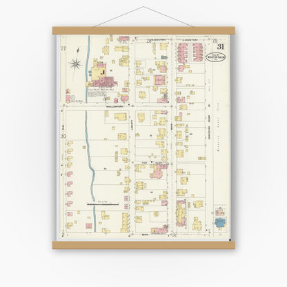 Old map wall art mockup — magnetic wood frame on white wall — Sanborn Fire Insurance Map from Winston-Salem, Forsyth County, North Carolina (1907), Sheet #0031
