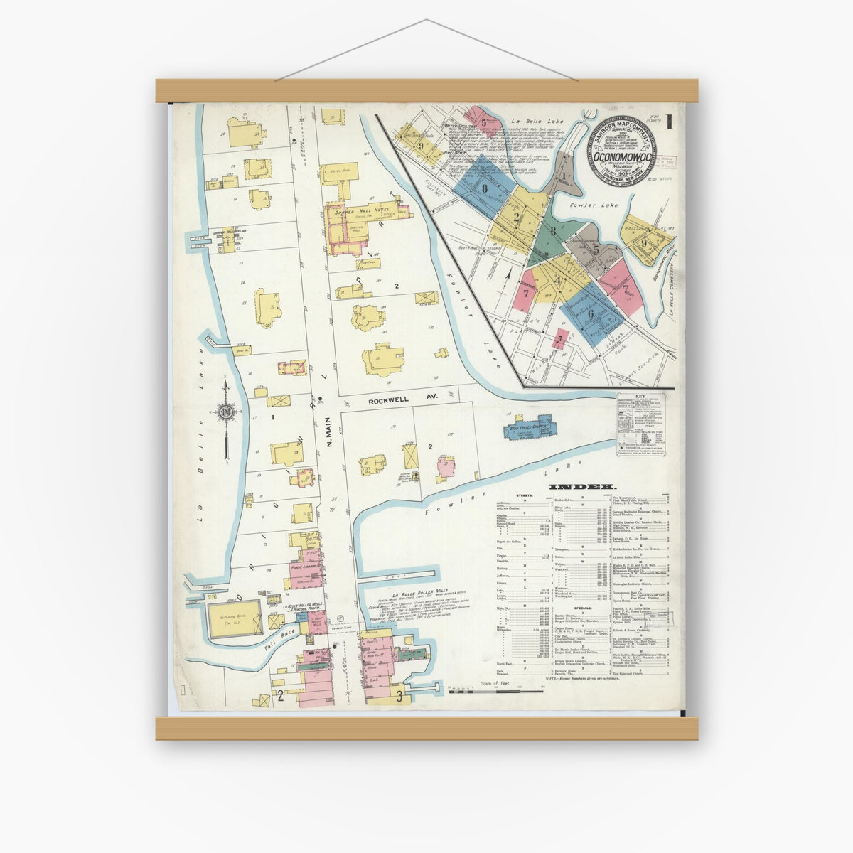 Old map wall art mockup — magnetic wood frame on white wall — Sanborn Fire Insurance Map from Oconomowoc, Waukesha County, Wisconsin (1909) - Complete Map Set