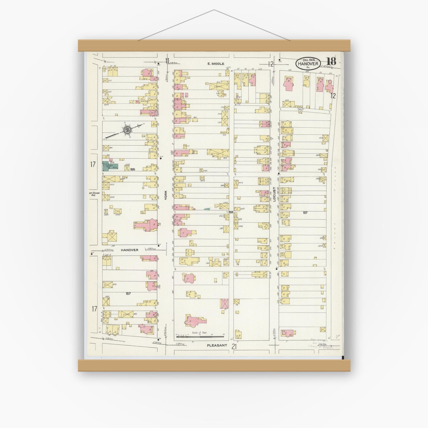 Old map wall art mockup — magnetic wood frame on white wall — Sanborn Fire Insurance Map from Hanover, York County, Pennsylvania (1909), Sheet #0018