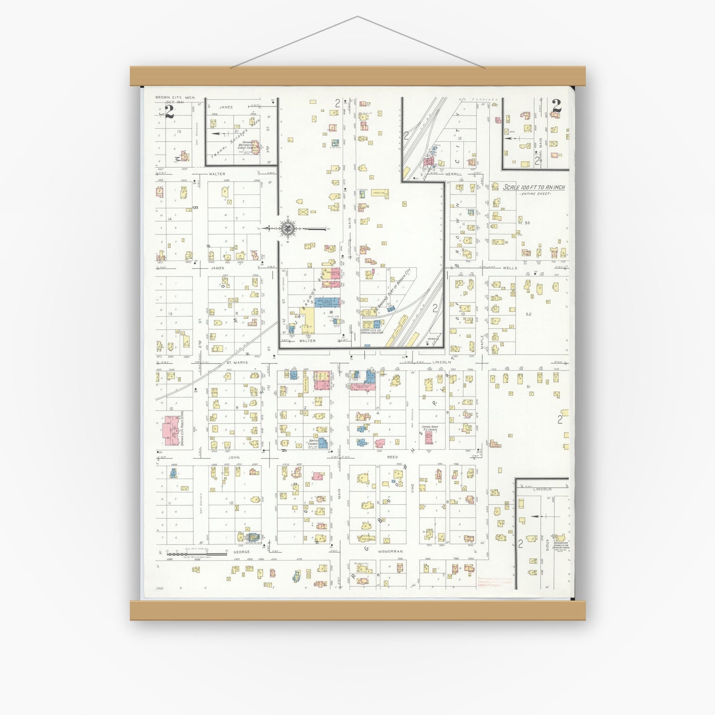 Old map wall art mockup — magnetic wood frame on white wall — Sanborn Fire Insurance Map from Brown City, Sanilac County, Michigan (1941), Sheet #0002