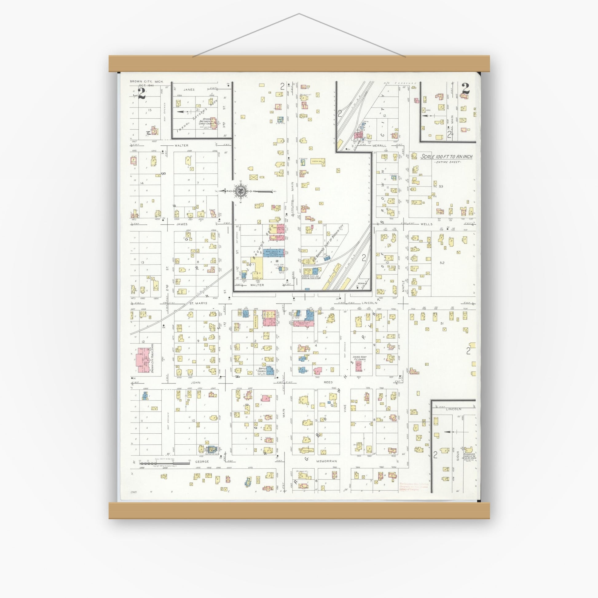 Old map wall art mockup — magnetic wood frame on white wall — Sanborn Fire Insurance Map from Brown City, Sanilac County, Michigan (1941), Sheet #0002