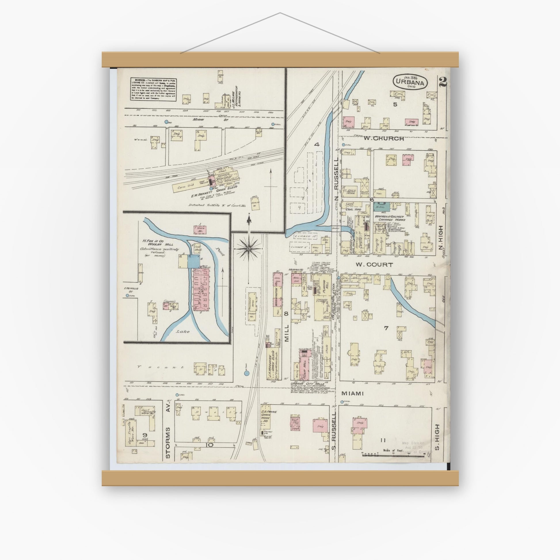 Old map wall art mockup — magnetic wood frame on white wall — Sanborn Fire Insurance Map from Urbana, Champaign County, Ohio (1885), Sheet #0002