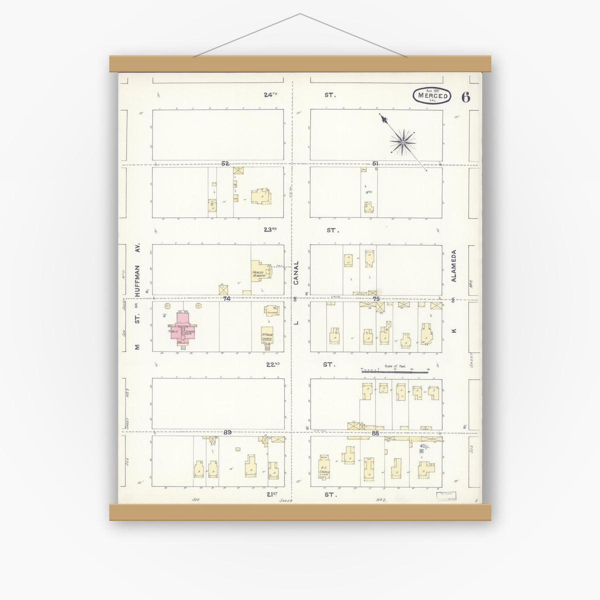 Old map wall art mockup — magnetic wood frame on white wall — Sanborn Fire Insurance Map from Merced, Merced County, California (1891), Sheet #0006