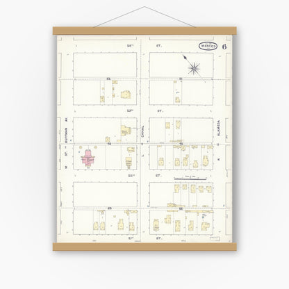 Old map wall art mockup — magnetic wood frame on white wall — Sanborn Fire Insurance Map from Merced, Merced County, California (1891), Sheet #0006