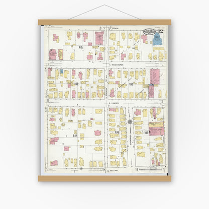 Old map wall art mockup — magnetic wood frame on white wall — Sanborn Fire Insurance Map from Ann Arbor, Washtenaw County, Michigan (1916), Sheet #0012