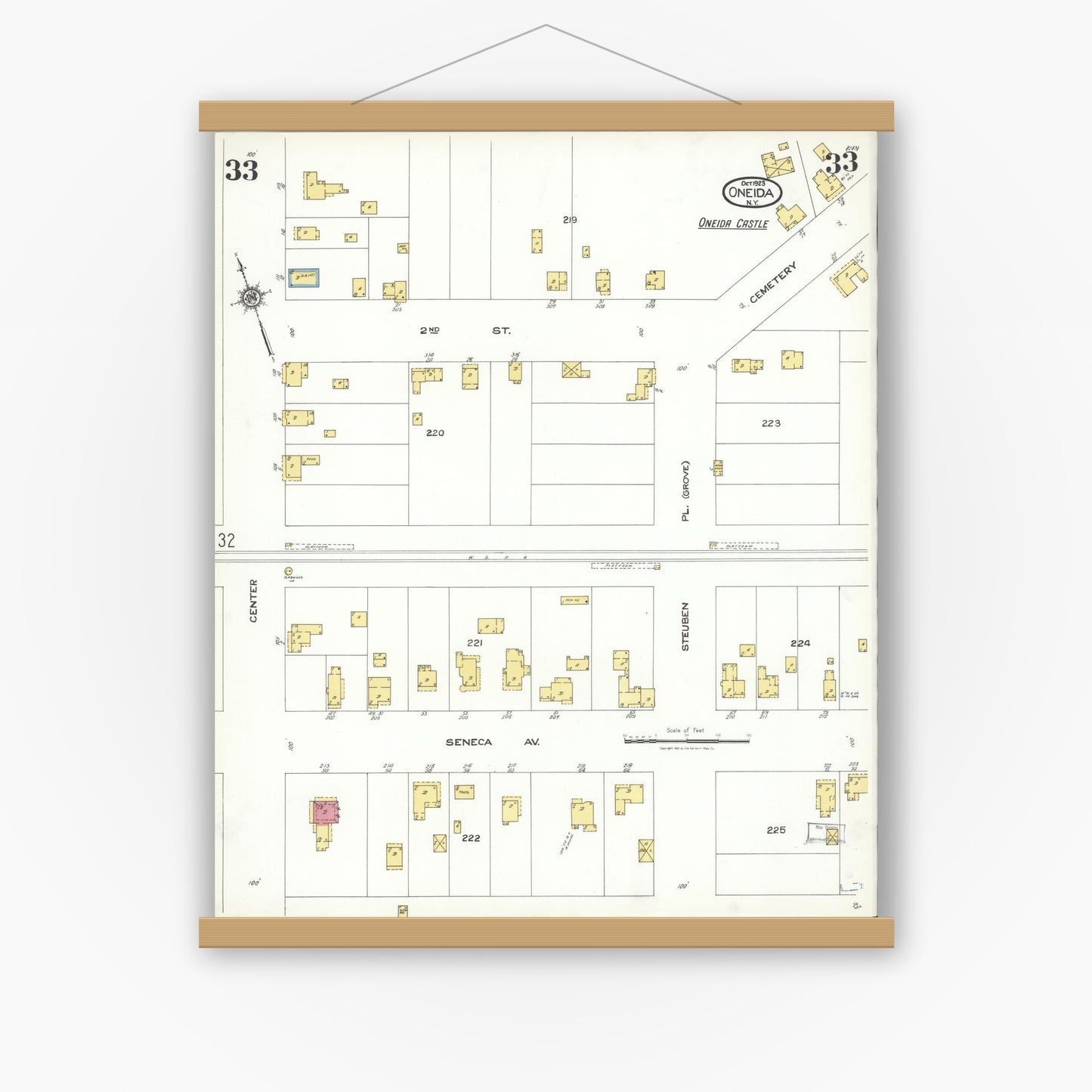Old map wall art mockup — magnetic wood frame on white wall — Sanborn Fire Insurance Map from Oneida, Madison County, New York (1923), Sheet #0033