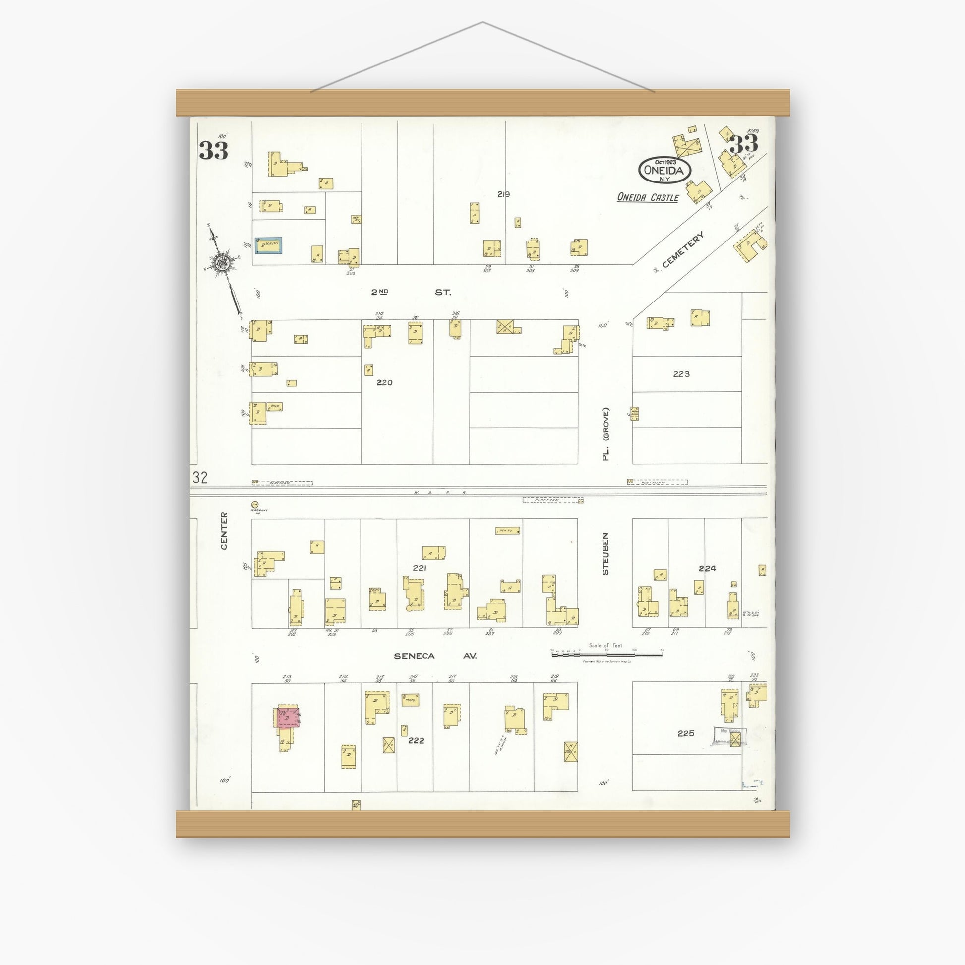Old map wall art mockup — magnetic wood frame on white wall — Sanborn Fire Insurance Map from Oneida, Madison County, New York (1923), Sheet #0033