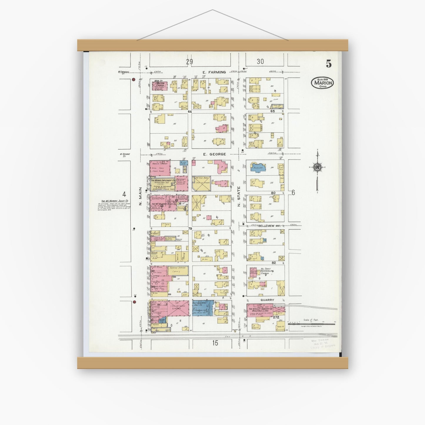 Old map wall art mockup — magnetic wood frame on white wall — Sanborn Fire Insurance Map from Marion, Marion County, Ohio (1919), Sheet #0005