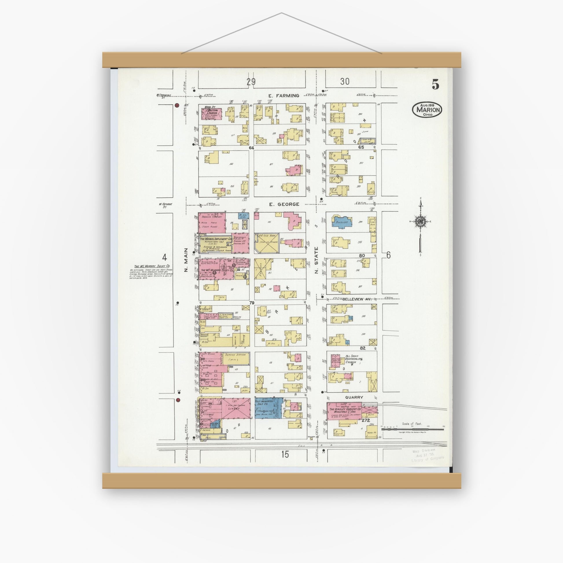 Old map wall art mockup — magnetic wood frame on white wall — Sanborn Fire Insurance Map from Marion, Marion County, Ohio (1919), Sheet #0005