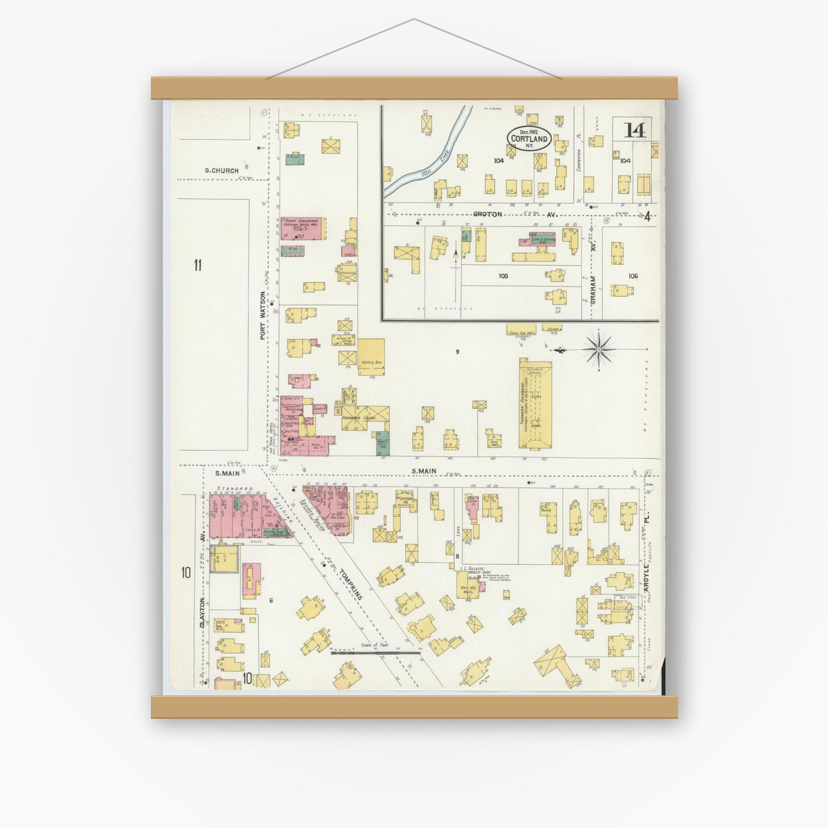 Old map wall art mockup — magnetic wood frame on white wall — Sanborn Fire Insurance Map from Cortland, Cortland County, New York (1902), Sheet #0014