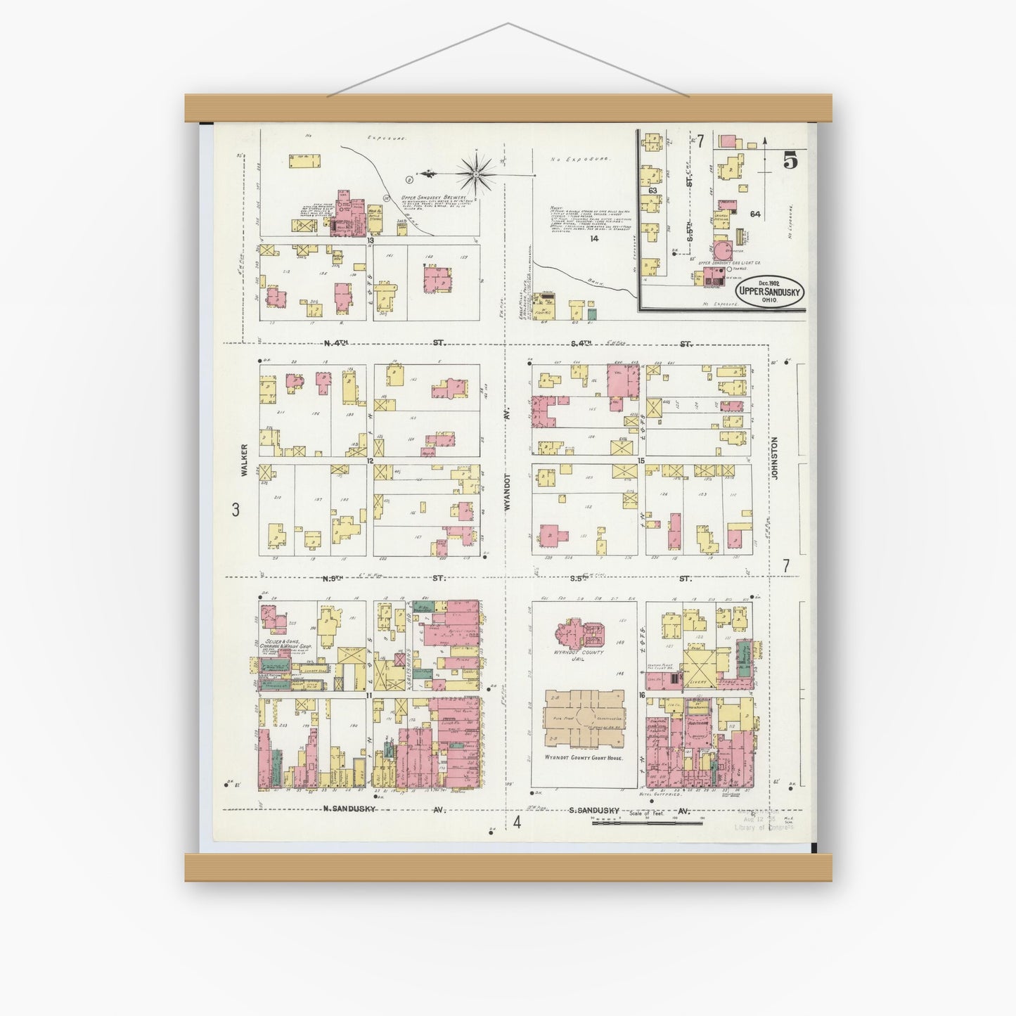 Old map wall art mockup — magnetic wood frame on white wall — Sanborn Fire Insurance Map from Upper Sandusky, Wyandot County, Ohio (1902), Sheet #0005