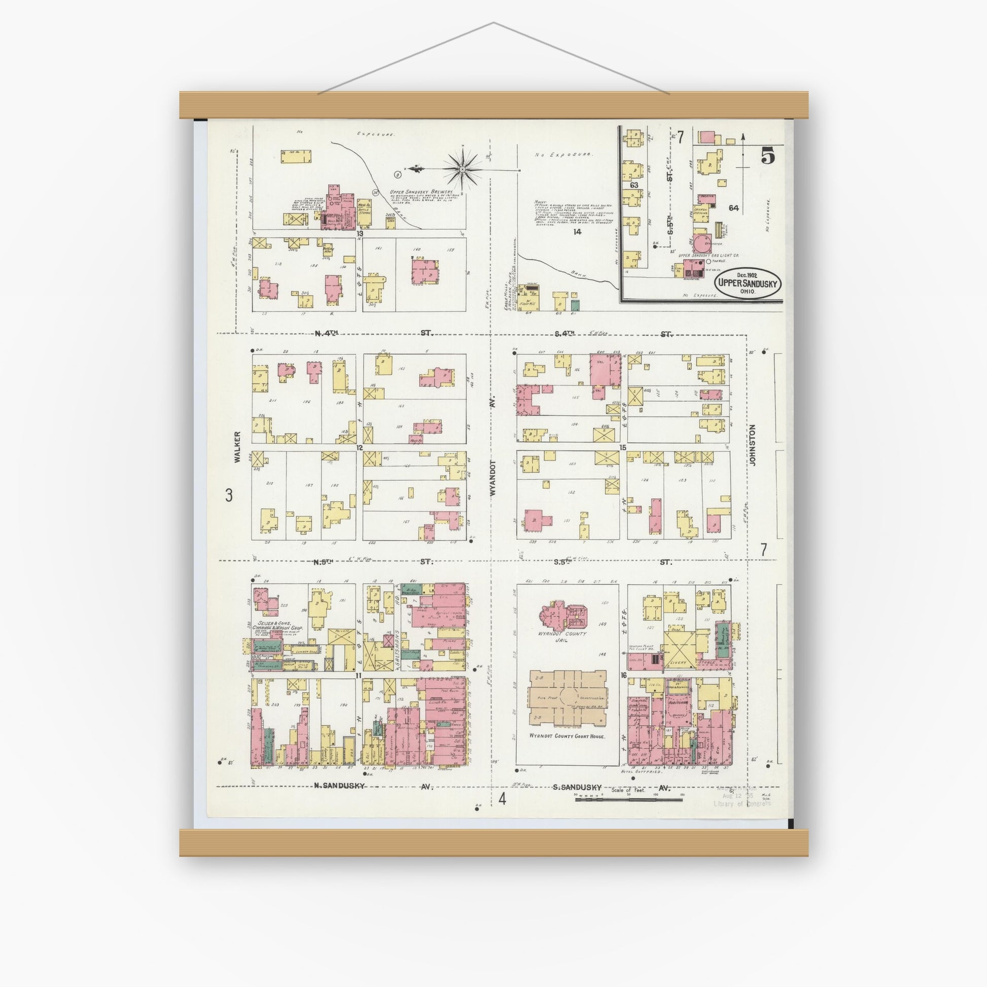 Old map wall art mockup — magnetic wood frame on white wall — Sanborn Fire Insurance Map from Upper Sandusky, Wyandot County, Ohio (1902), Sheet #0005