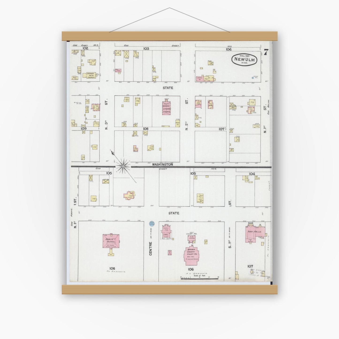 Old map wall art mockup — magnetic wood frame on white wall — Sanborn Fire Insurance Map from New Ulm, Brown County, Minnesota (1889), Sheet #0007