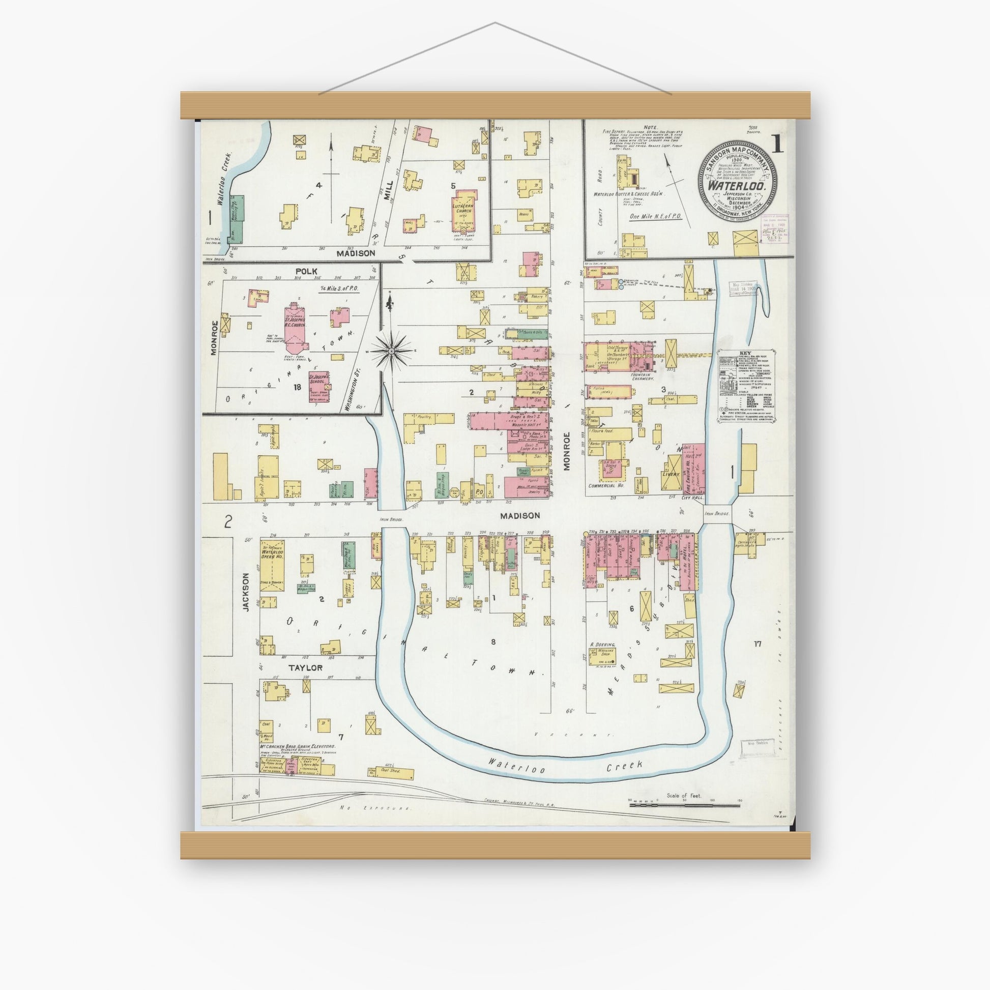 Old map wall art mockup — magnetic wood frame on white wall — Sanborn Fire Insurance Map from Waterloo, Jefferson County, Wisconsin (1904) - Complete Map Set