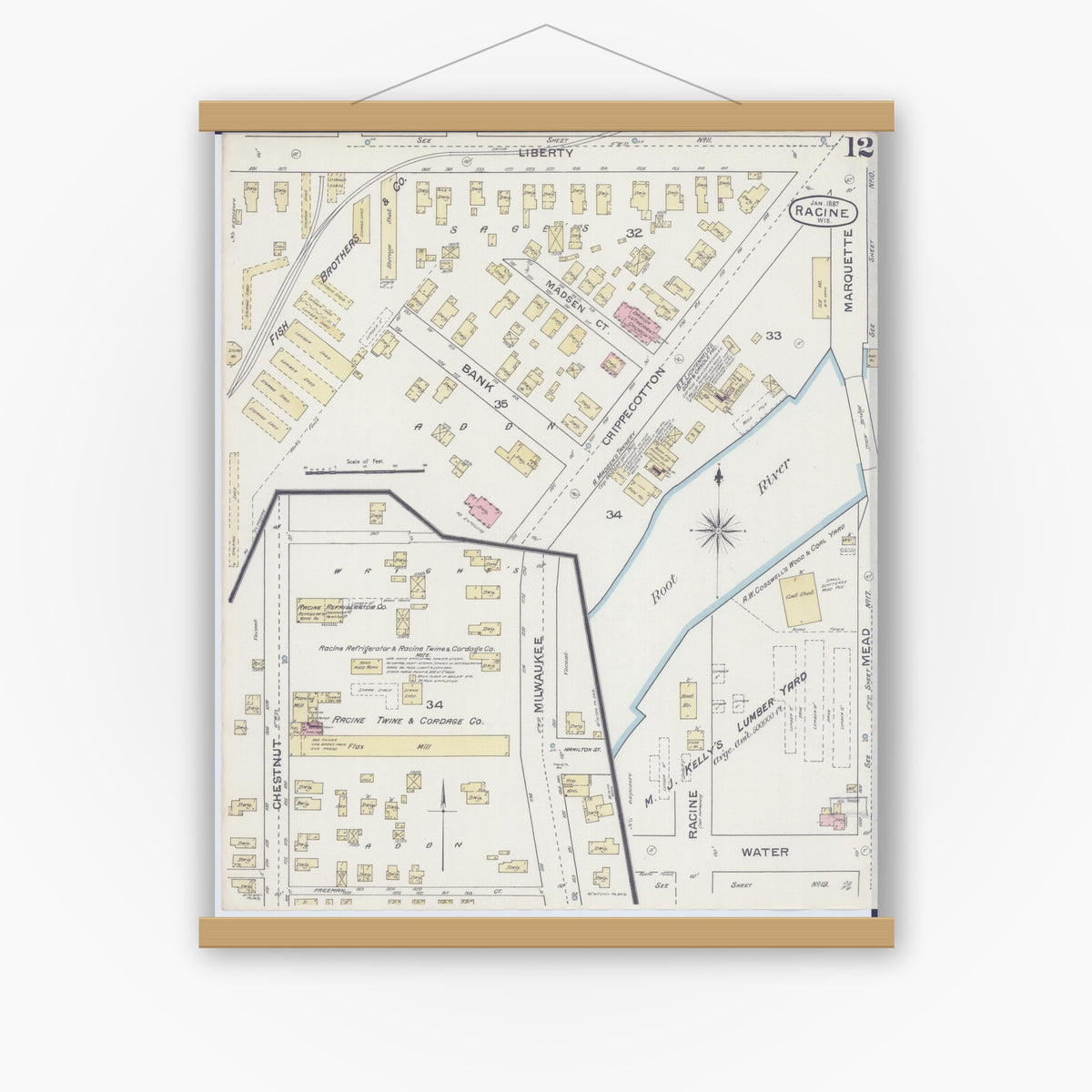 Old map wall art mockup — magnetic wood frame on white wall — Sanborn Fire Insurance Map from Racine, Racine County, Wisconsin (1887), Sheet #0012