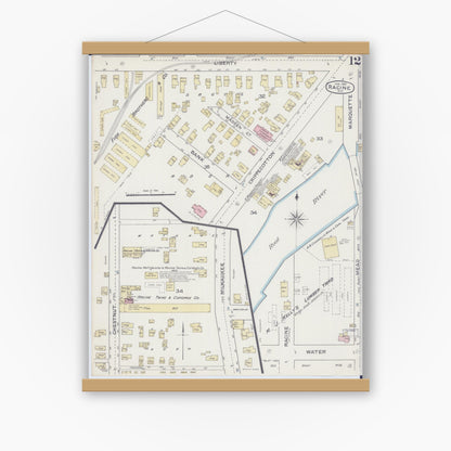Old map wall art mockup — magnetic wood frame on white wall — Sanborn Fire Insurance Map from Racine, Racine County, Wisconsin (1887), Sheet #0012