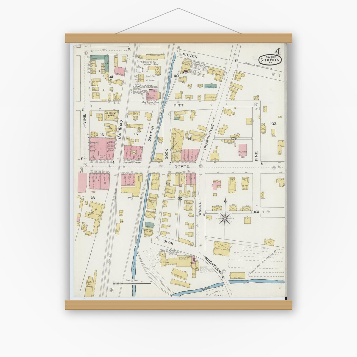 Old map wall art mockup — magnetic wood frame on white wall — Sanborn Fire Insurance Map from Sharon, Mercer County, Pennsylvania (1893), Sheet #0004