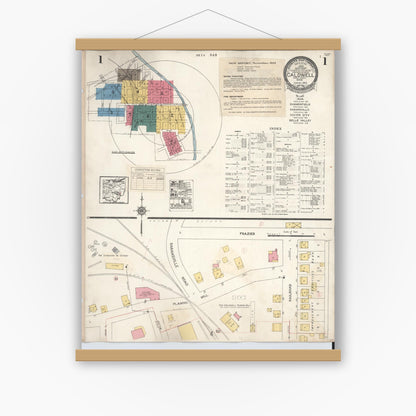 Old map wall art mockup — magnetic wood frame on white wall — Sanborn Fire Insurance Map from Caldwell, Noble County, Ohio (1932) - Complete Map Set