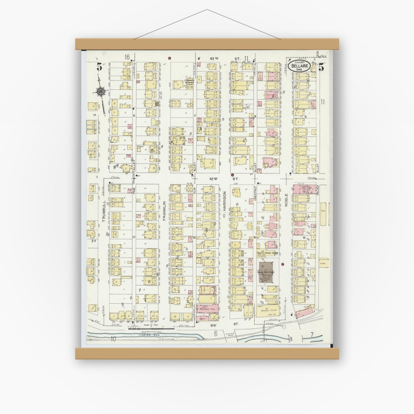 Old map wall art mockup — magnetic wood frame on white wall — Sanborn Fire Insurance Map from Bellaire, Belmont County, Ohio (1924), Sheet #0005