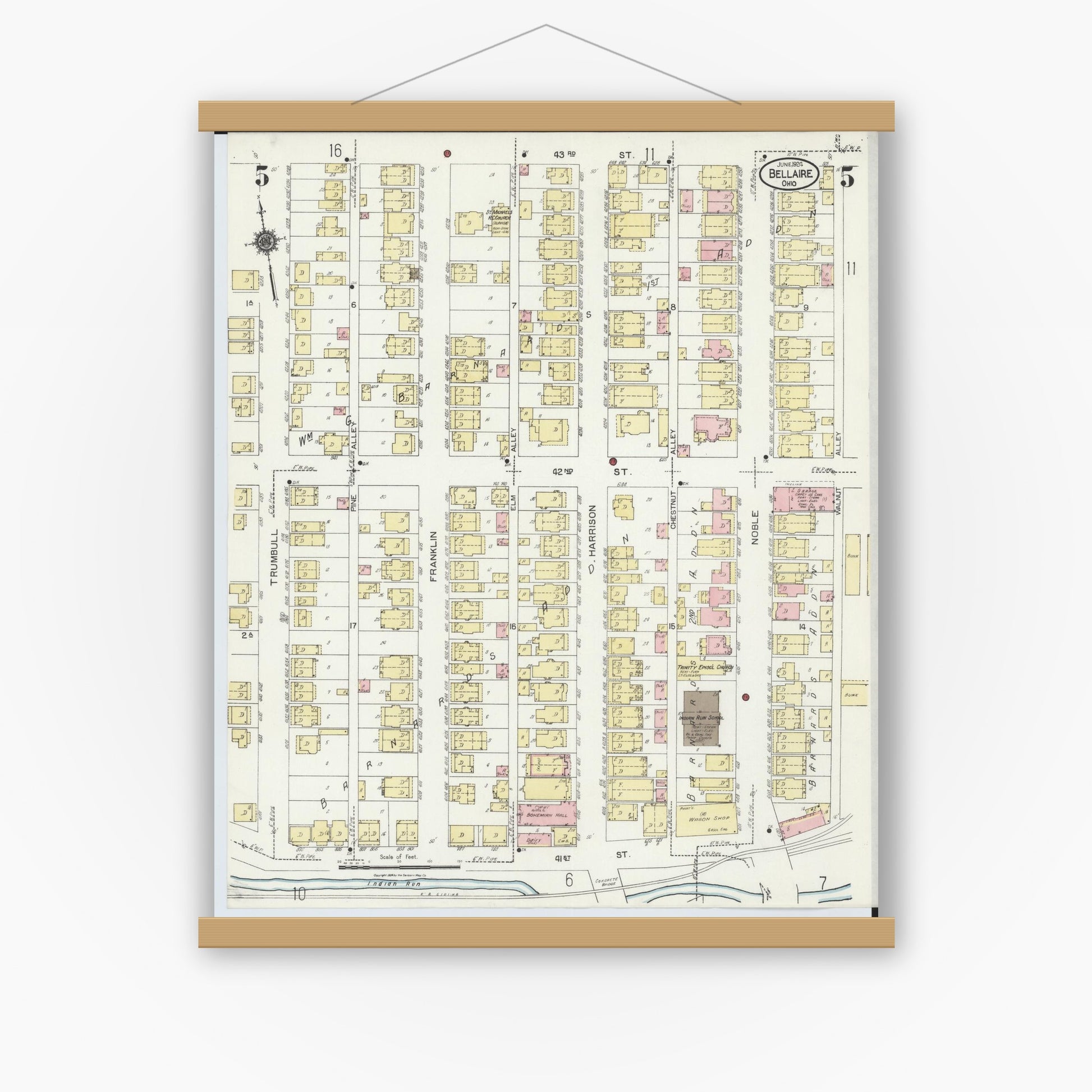 Old map wall art mockup — magnetic wood frame on white wall — Sanborn Fire Insurance Map from Bellaire, Belmont County, Ohio (1924), Sheet #0005