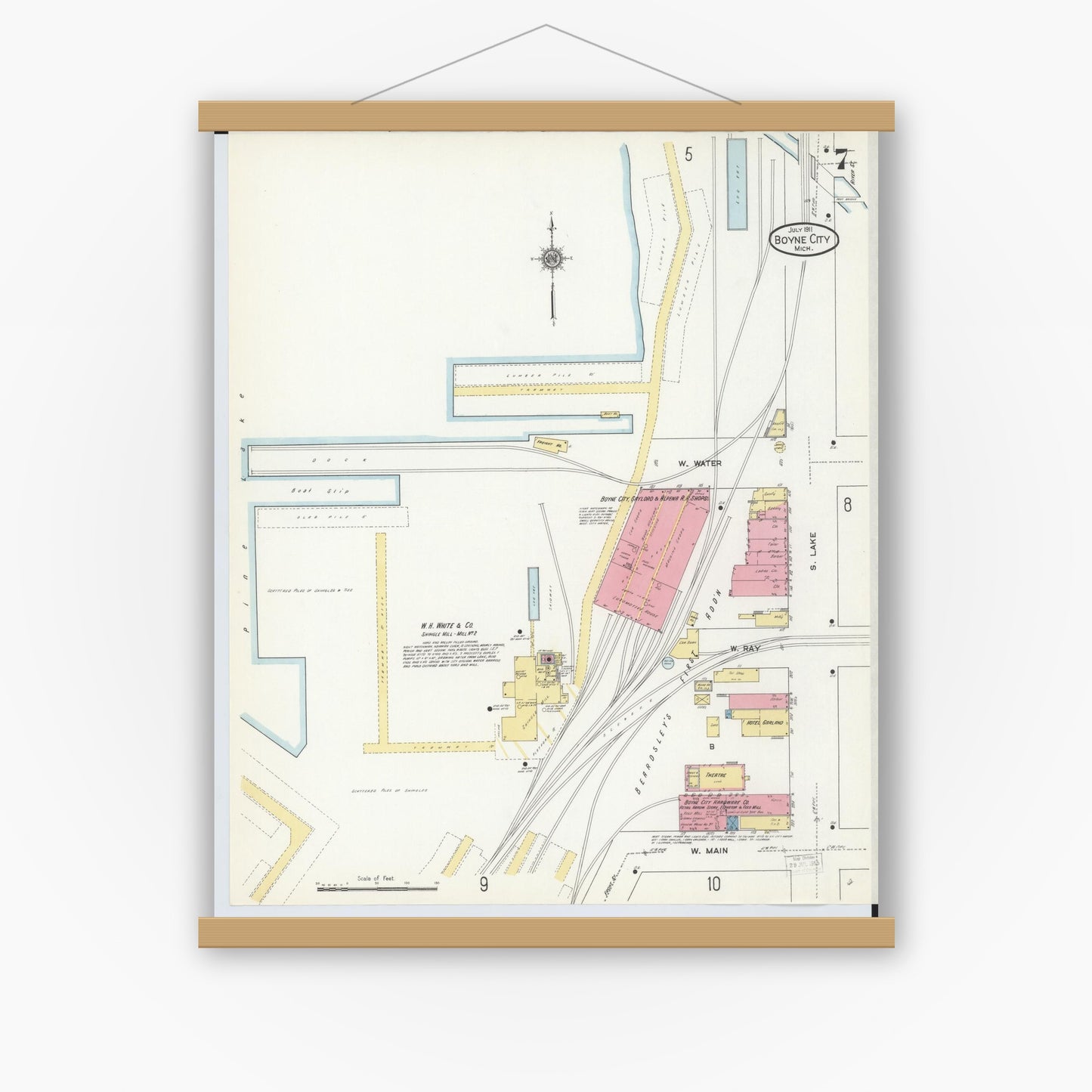 Old map wall art mockup — magnetic wood frame on white wall — Sanborn Fire Insurance Map from Boyne City, Charlevoix County, Michigan (1911), Sheet #0007