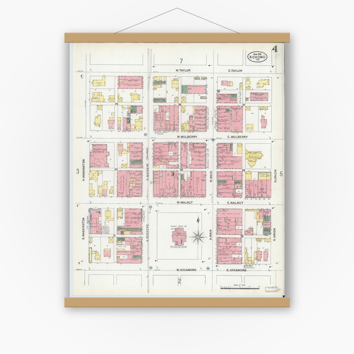 Old map wall art mockup — magnetic wood frame on white wall — Sanborn Fire Insurance Map from Kokomo, Howard County, Indiana (1902), Sheet #0004