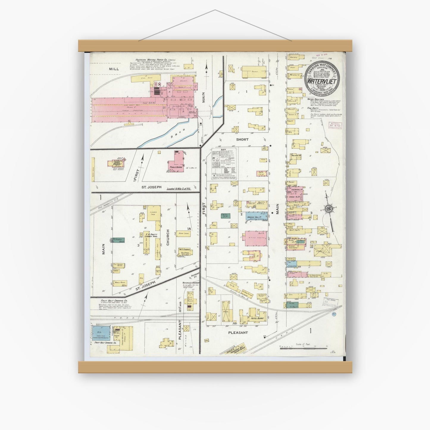 Old map wall art mockup — magnetic wood frame on white wall — Sanborn Fire Insurance Map from Watervliet, Berrien County, Michigan (1909), Sheet #0001