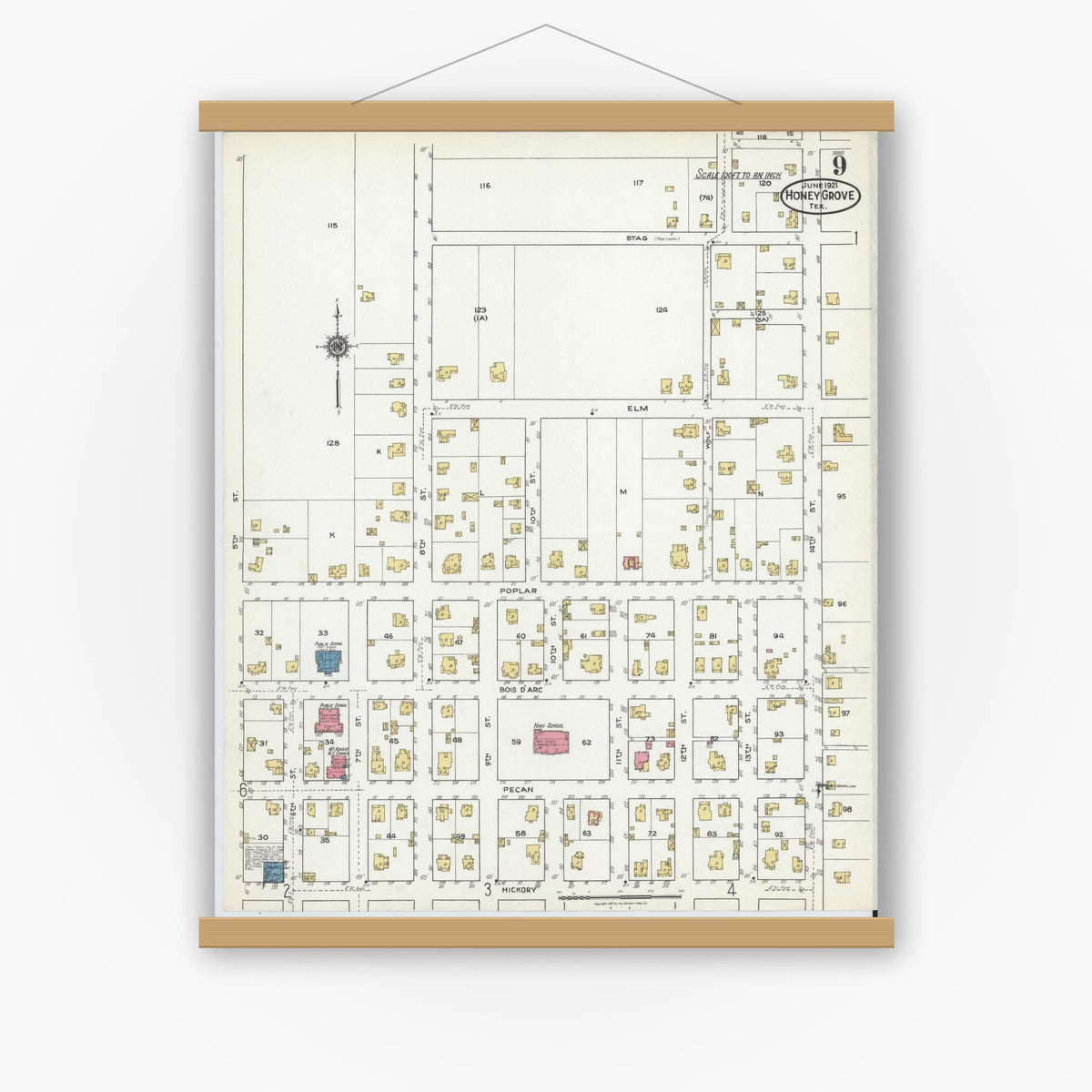 Old map wall art mockup — magnetic wood frame on white wall — Sanborn Fire Insurance Map from Honey Grove, Fannin County, Texas (1921), Sheet #0009