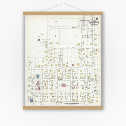 Old map wall art mockup — magnetic wood frame on white wall — Sanborn Fire Insurance Map from Honey Grove, Fannin County, Texas (1921), Sheet #0009