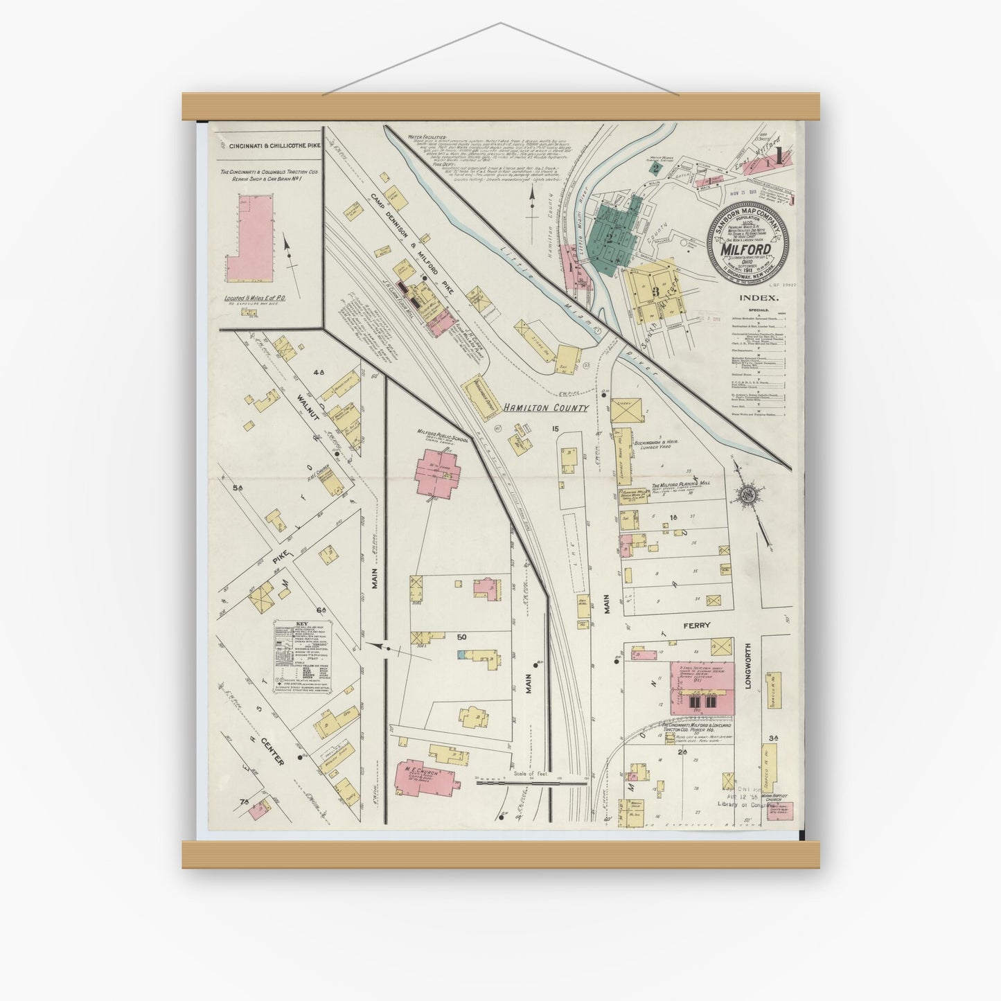 Old map wall art mockup — magnetic wood frame on white wall — Sanborn Fire Insurance Map from Milford, Clermont And Hamilton County, Ohio (1911) - Complete Map Set