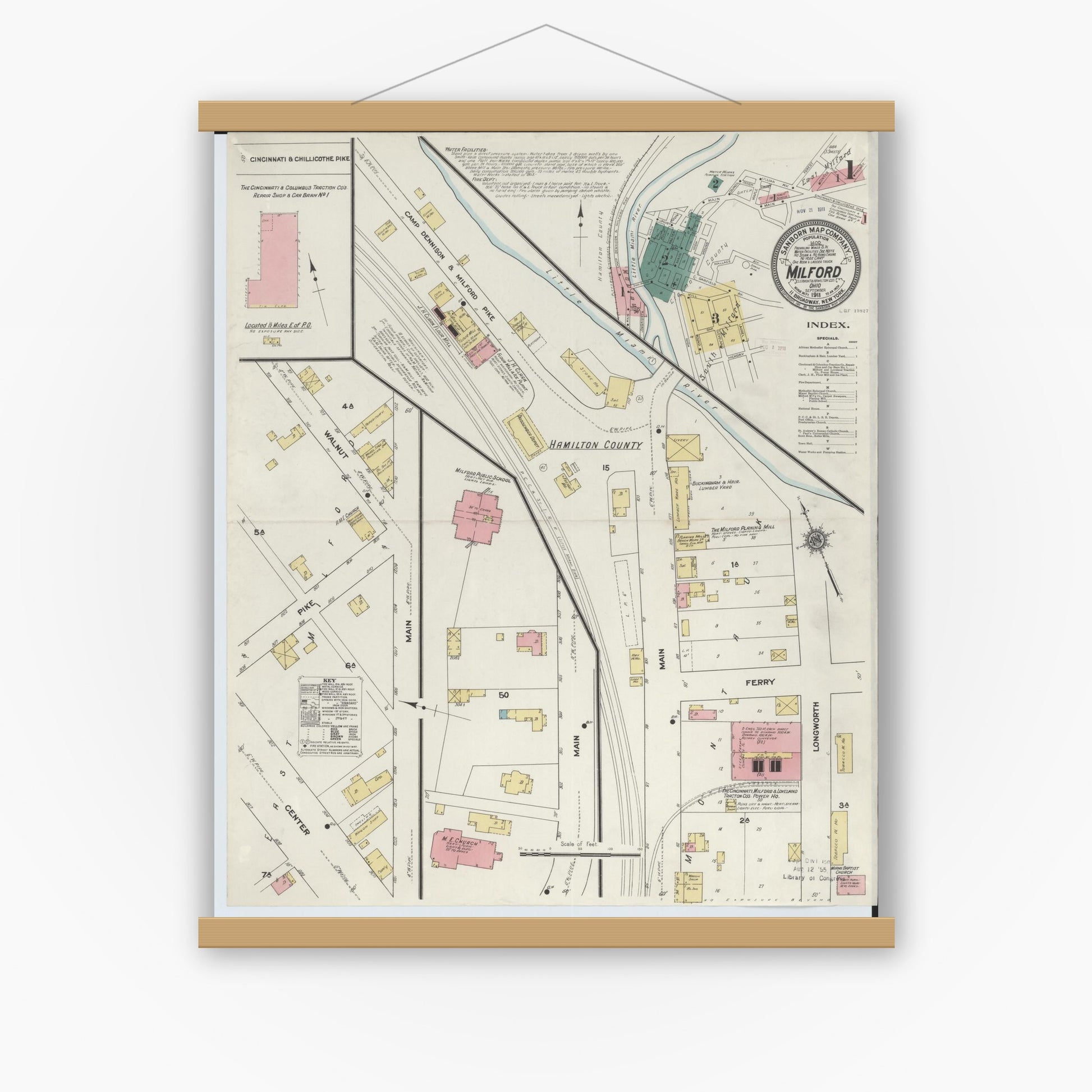 Old map wall art mockup — magnetic wood frame on white wall — Sanborn Fire Insurance Map from Milford, Clermont And Hamilton County, Ohio (1911) - Complete Map Set