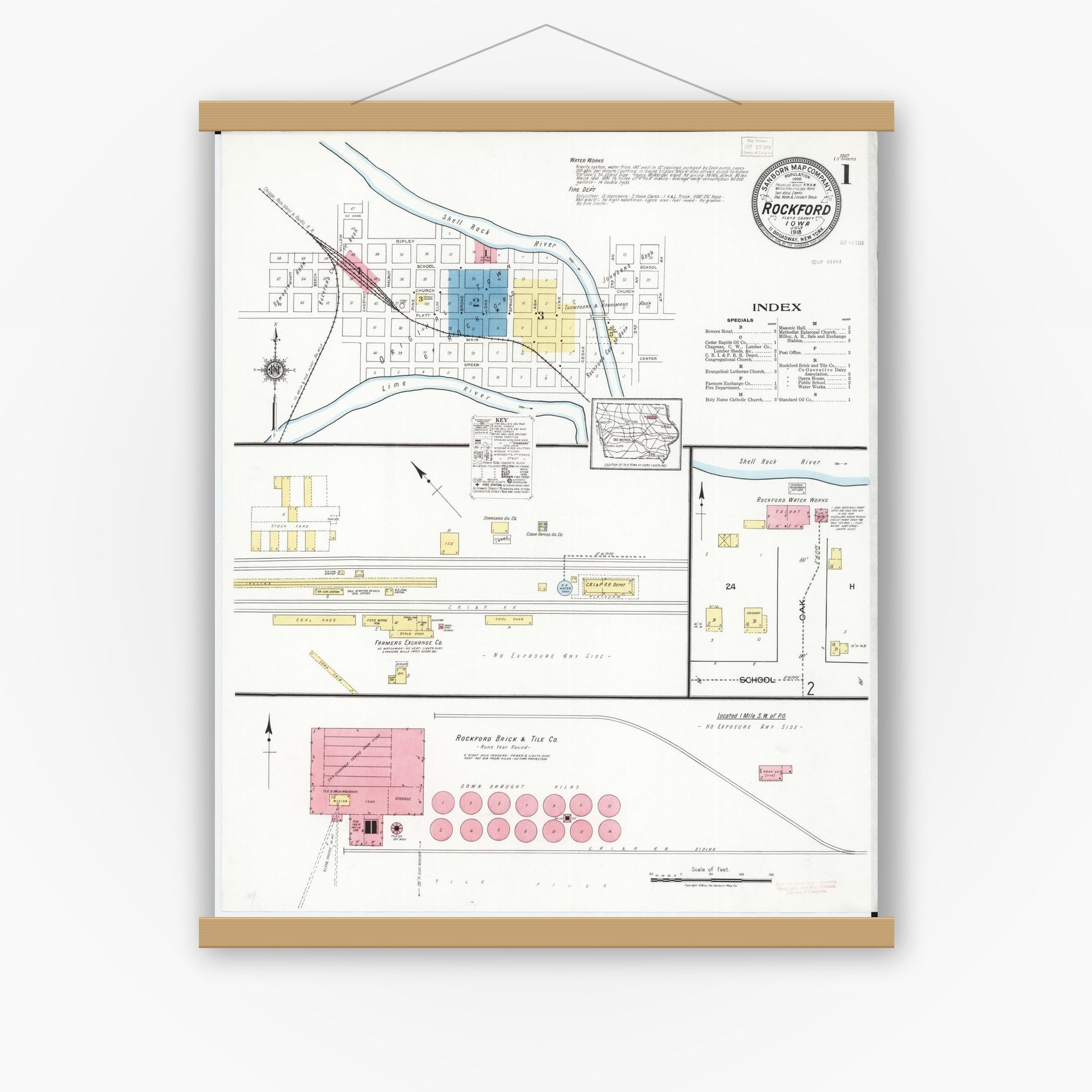 Old map wall art mockup — magnetic wood frame on white wall — Sanborn Fire Insurance Map from Rockford, Floyd County, Iowa (1918) â€” Complete Set