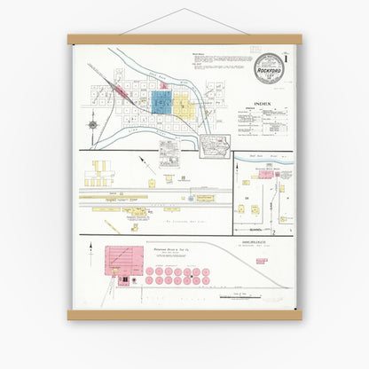 Old map wall art mockup — magnetic wood frame on white wall — Sanborn Fire Insurance Map from Rockford, Floyd County, Iowa (1918) â€” Complete Set