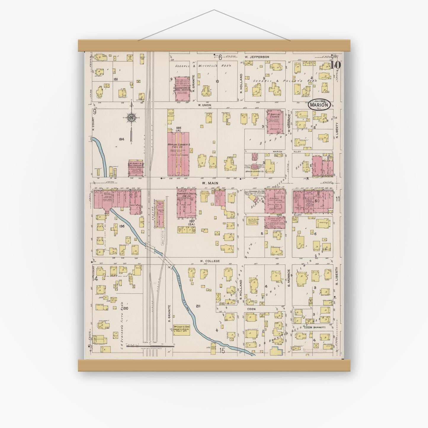 Old map wall art mockup — magnetic wood frame on white wall — Sanborn Fire Insurance Map from Marion, Williamson County, Illinois (1922), Sheet #0010