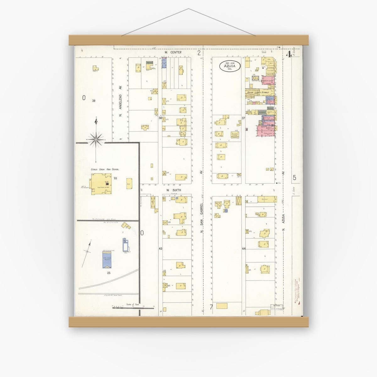 Old map wall art mockup — magnetic wood frame on white wall — Sanborn Fire Insurance Map from Azusa, Los Angeles County, California (1906), Sheet #0004