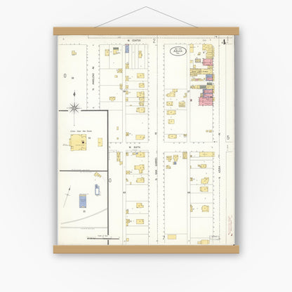 Old map wall art mockup — magnetic wood frame on white wall — Sanborn Fire Insurance Map from Azusa, Los Angeles County, California (1906), Sheet #0004