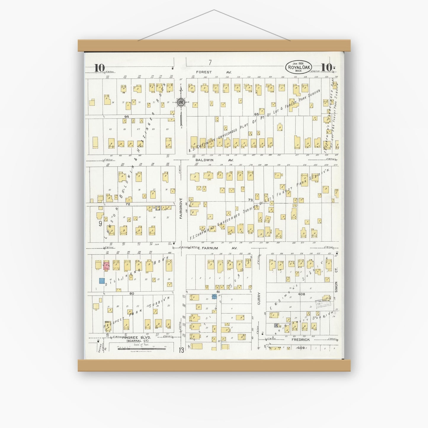 Old map wall art mockup — magnetic wood frame on white wall — Sanborn Fire Insurance Map from Royal Oak, Oakland County, Michigan (1926), Sheet #0010